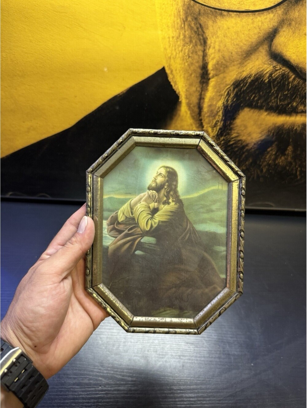 Vintage Jesus Praying Gethsemane Religious Print Gold Tone Octagon Frame 8x6